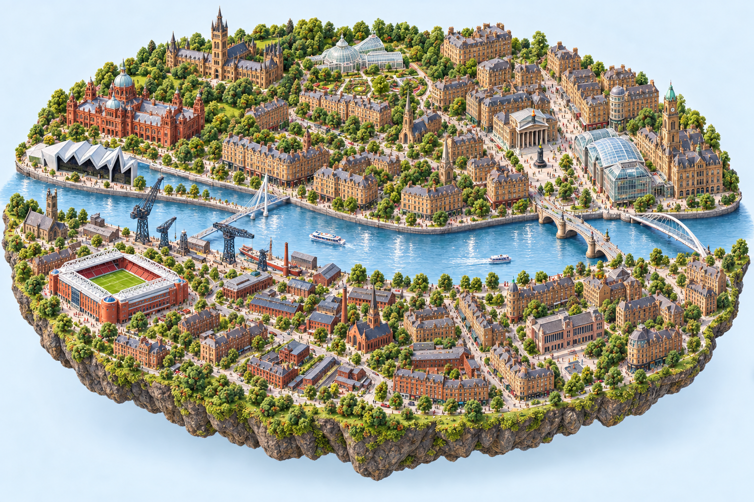 Illustrated Glasgow Subway circle crossing the Clyde between the city centre, southside and West End